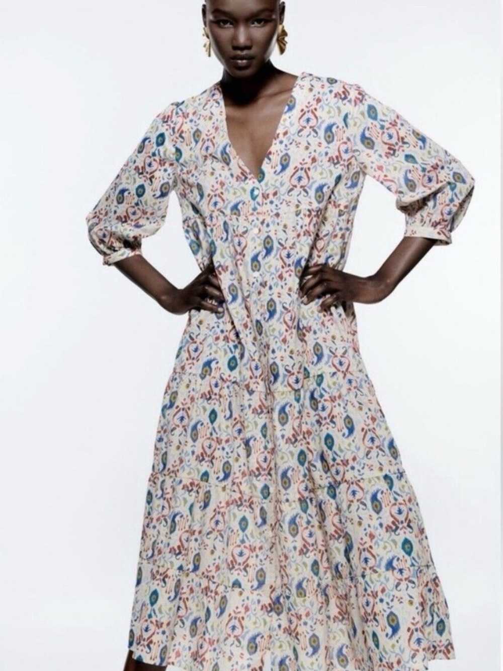 Zara Printed V-Neck Midi Dress in Multicolor